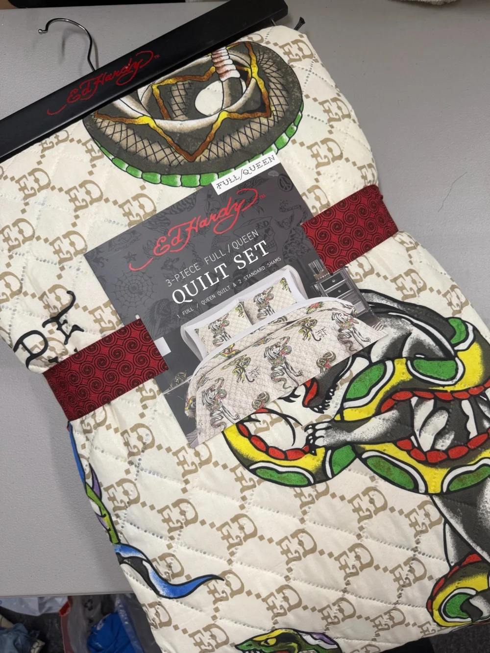 Ed Hardy Full / Queen Quilt Shams Set Bedding Panther Snake Accents ED Print NWT